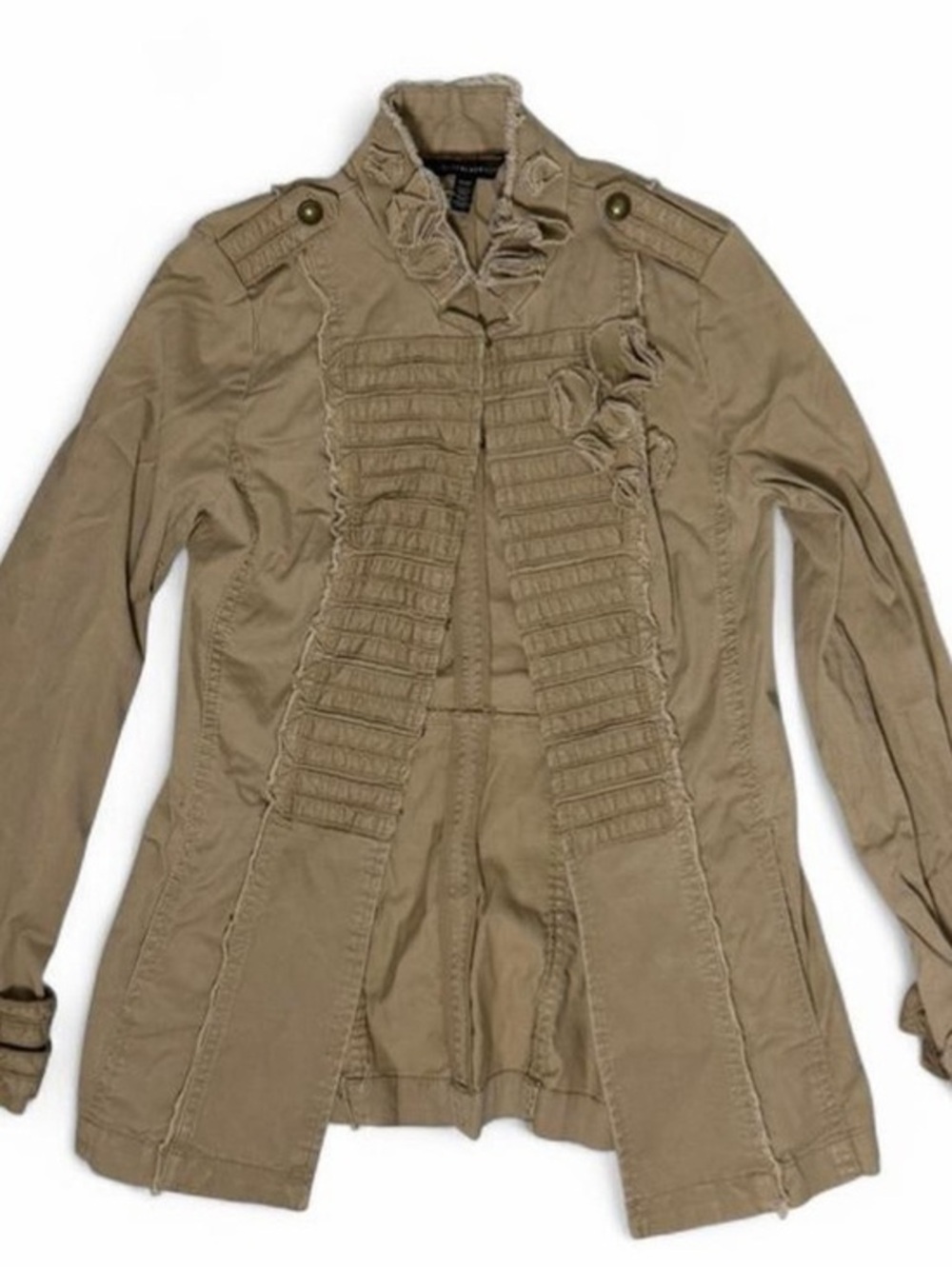 Tan Military Style Jacket XS Cinched Waist Ruffle Detail Coquette Indie Y2K Chic